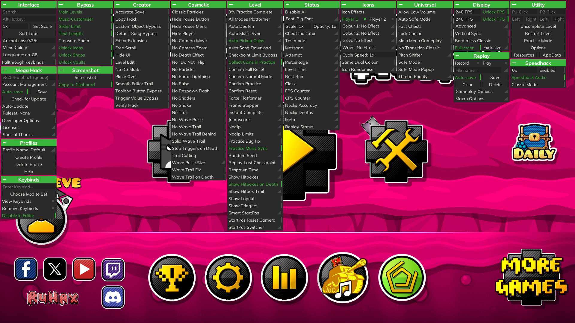 Интерфейс Mega Hack v8 Pro в Geometry Dash